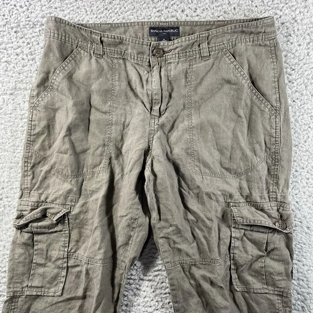 Banana Republic Womens Size 12 Olive Green 100% Linen Slouchy Cargo Crop Pants